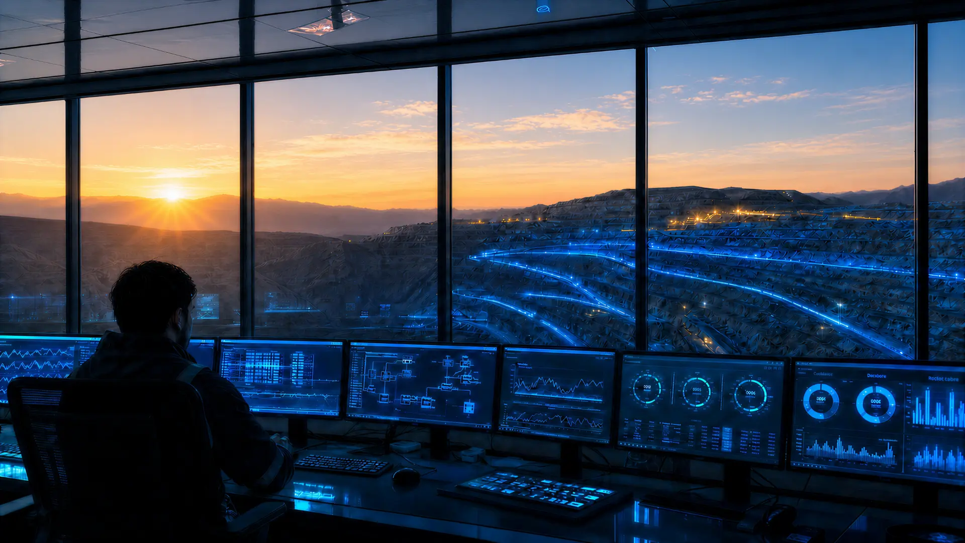 Sala de control minera con vista a la faena al amanecer