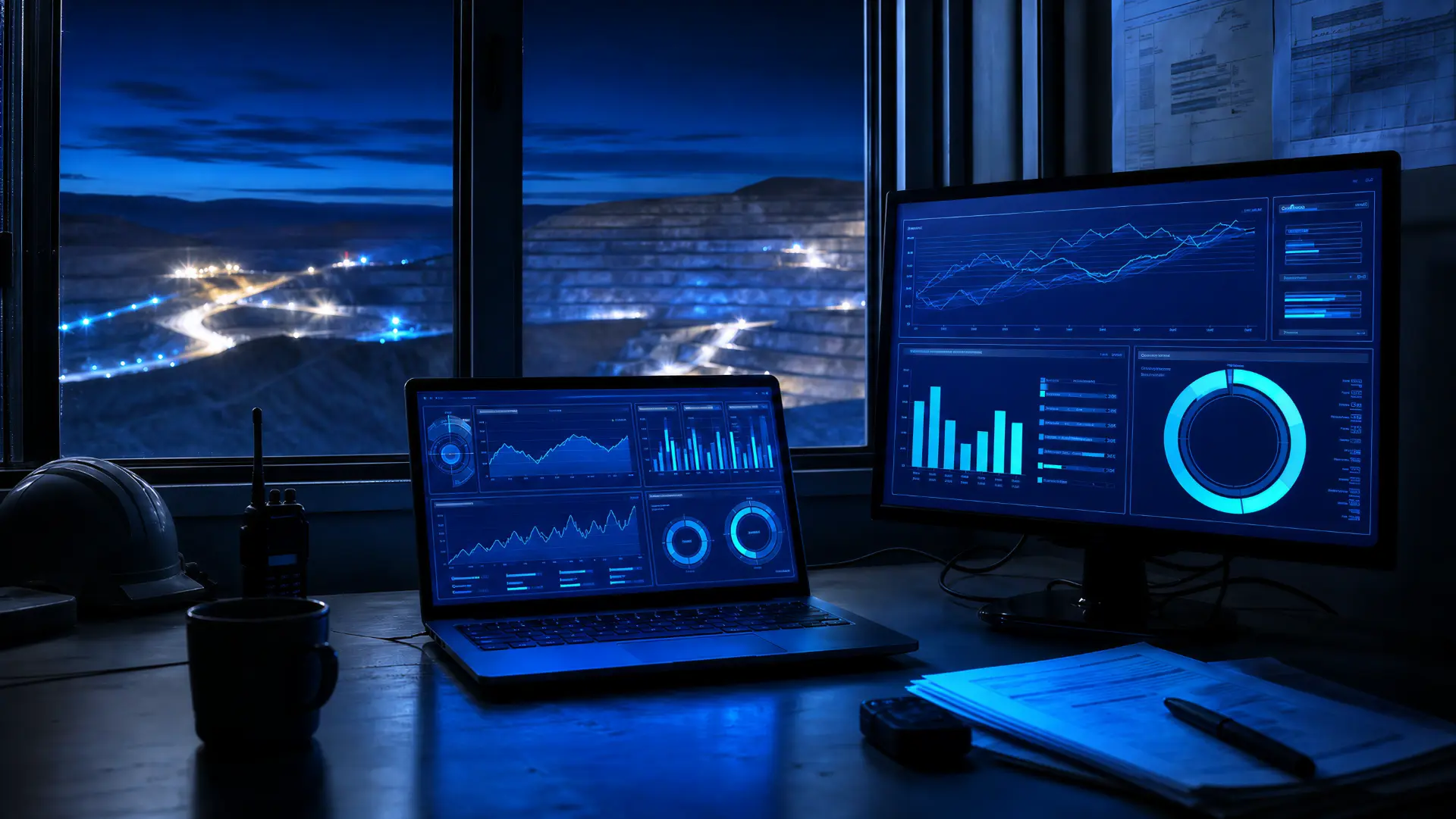 Puesto de trabajo en faena con tableros de datos operacionales